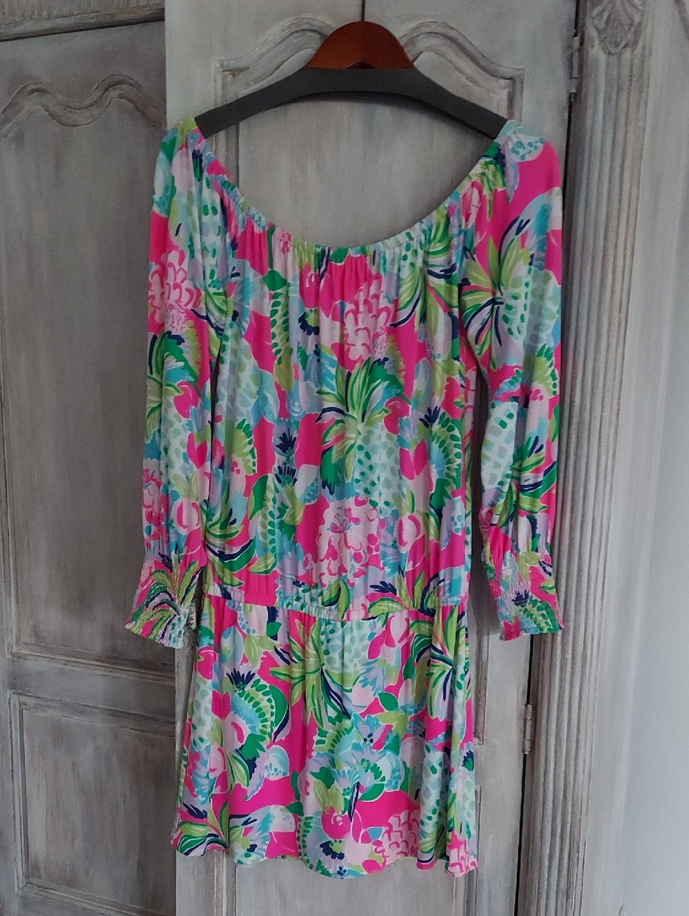 Lilly Pulitzer Off Shoulder Pink Tropical Floral Long-Sleeve One Piece Skort